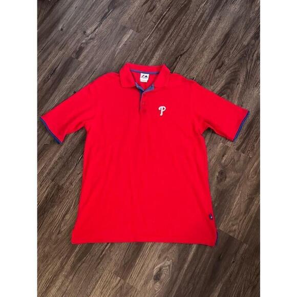 Majestic Men’s Philadelphia Phillies Short Sleeve Polo Shirt Red/Navy/White Sz M - Picture 2 of 9